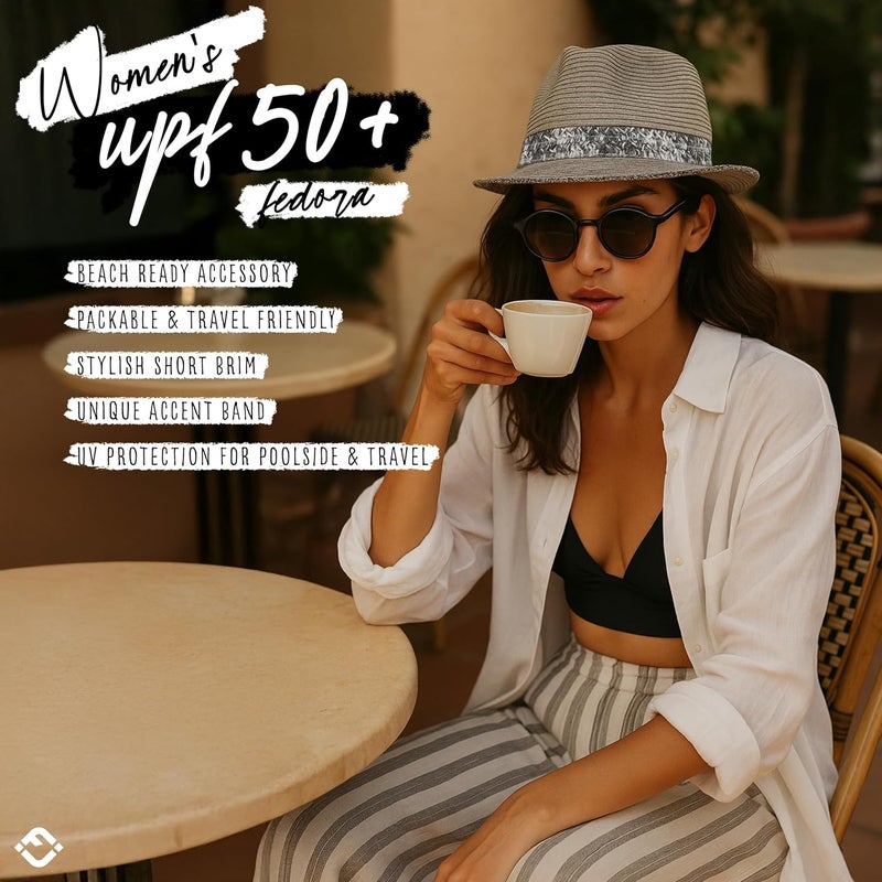Funky Junque Women's Straw Fedora Sun Hat - UPF 50+ Protection, Short Brim, Stylish Woven Pattern - Image 2